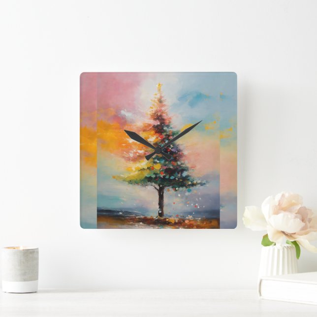 Horloge Carrée peinture à l'huile d'arbre de noël (Maison)