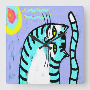 Horloge Carrée Peinture Abstraite de chats colorée