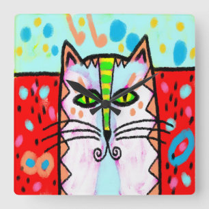 Horloge Carrée Peinture Abstraite de chats colorée