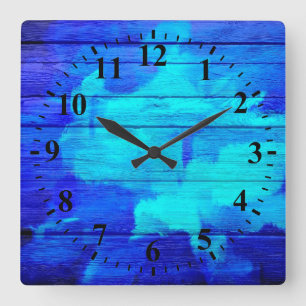 Horloge Carrée Peinture Abstraite en bois bleu