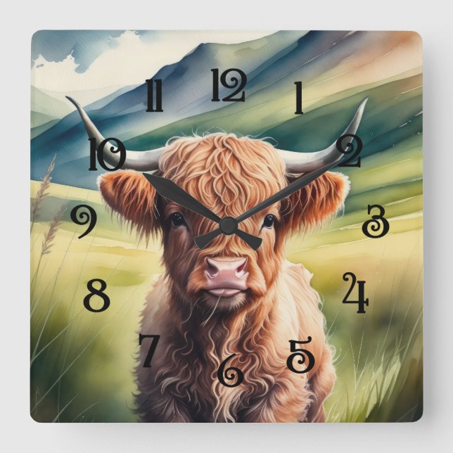 Horloge Carrée Peinture aquarelle Bébé Highland Cow assise (Recto)