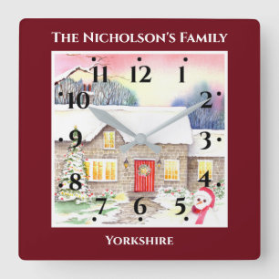 Horloge Carrée Peinture aquarelle de cottage enneigé cadre rouge