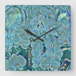 Horloge Carrée Peinture bleu violet de fleurs d'orchidées mignonn