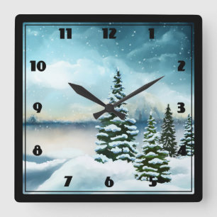 Horloge Carrée Peinture d'aquarelle Pittoresque Winter Wonderland