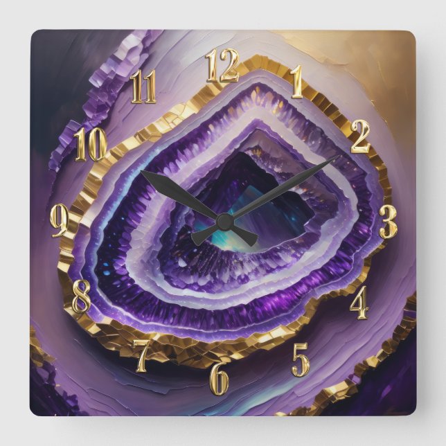 Horloge Carrée Peinture de la géode violet et or (Recto)