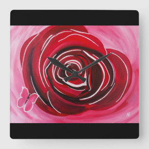 Horloge Carrée Peinture de Rose Papillon par Alfred Fox