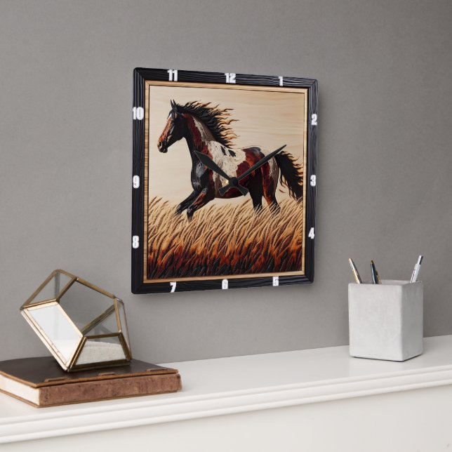 Horloge Carrée Peinture de trot : Champ de bois personnalisé Sole (Bureau)