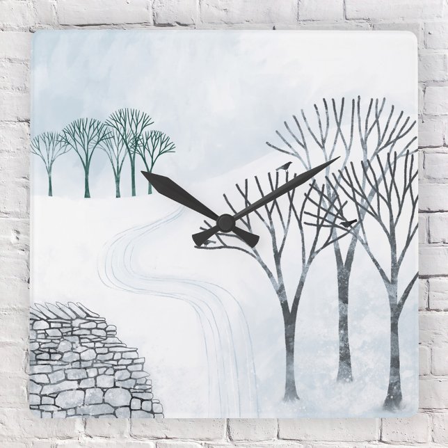 Horloge Carrée Peinture du paysage de neige en hiver (Snowy winter landscape with trees and wall art wall clock)