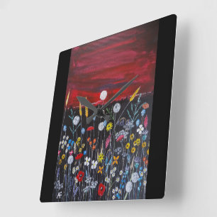Horloge Carrée Peinture Fleurs sauvages au coucher du soleil par