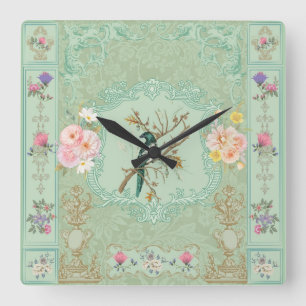 Horloge Carrée Peinture florale rococo pastel victorienne vintage