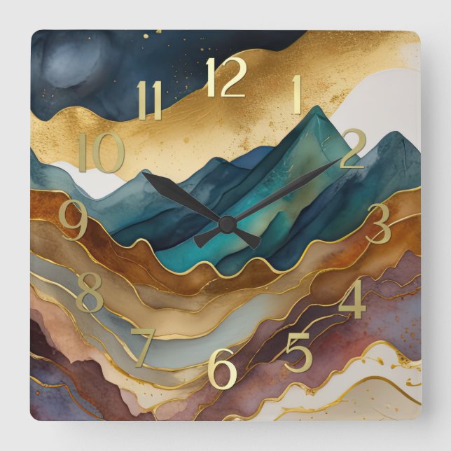 Horloge Carrée Peinture Paysage Abstrait Or Rouille Bleu (Recto)
