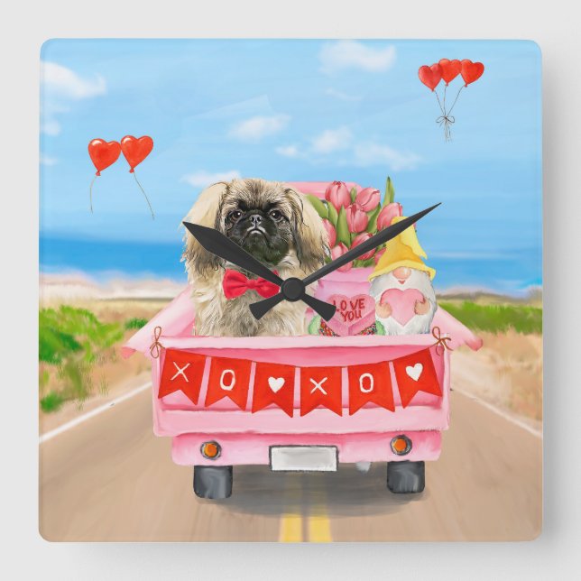 Horloge Carrée Pekingese Chien Saint Valentin Coeurs de Camion (Recto)