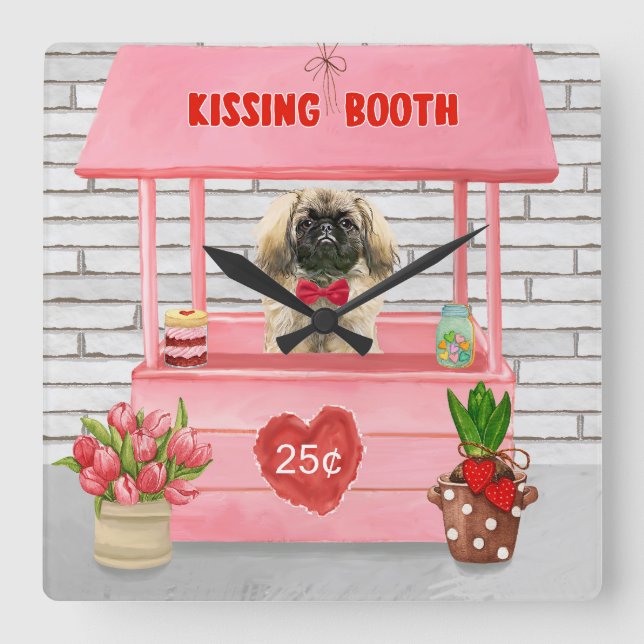 Horloge Carrée pekingese Chien Valentine's Day Kissing Booth (Recto)