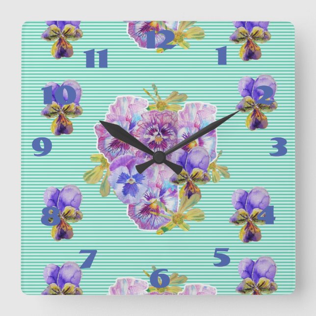 Horloge Carrée Pensées délabrées Pensée Floral Aqua Turquoise (Recto)