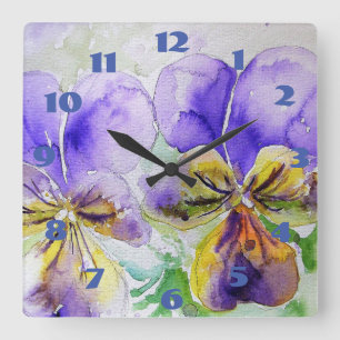Horloge Carrée Pensées violettes de Viola aquarelle fleur de pens