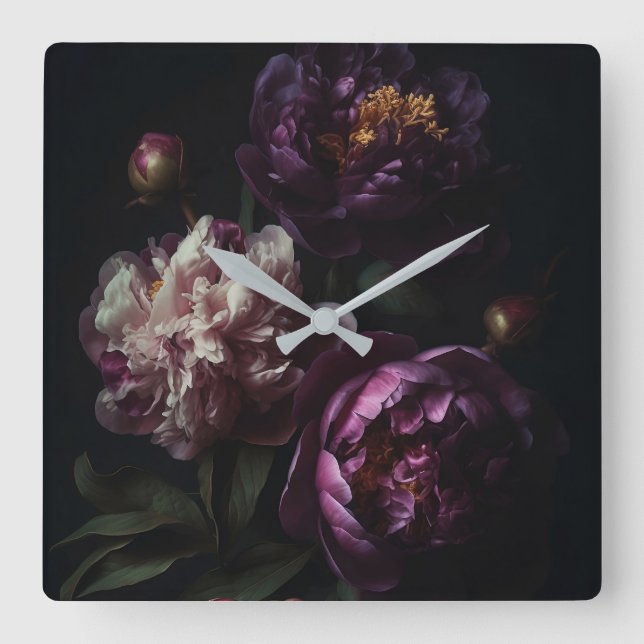 Horloge Carrée Peonies violettes foncées Fleur Bouquet Huile enco (Recto)