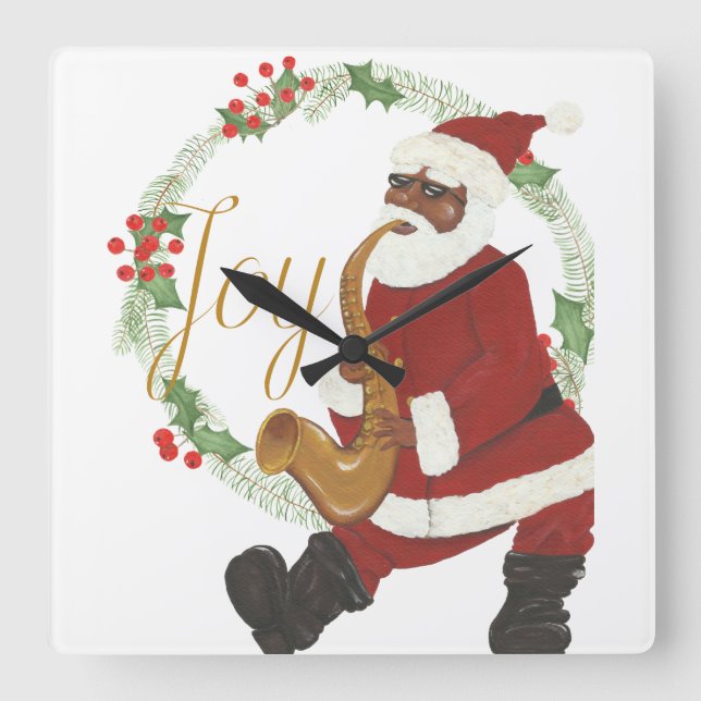 Horloge Carrée Père Noël afro-américain (Recto)