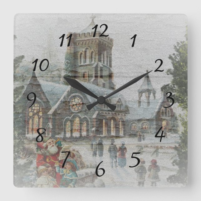 Horloge Carrée Père Noël ancienne avec enfants devant une église (Recto)