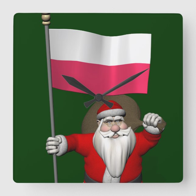 Horloge Carrée Père Noël Avec Drapeau De Pologne (Recto)