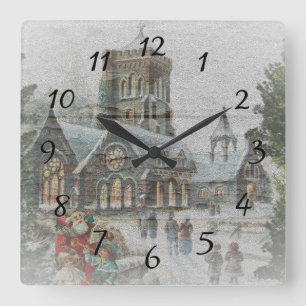 Horloge Carrée Père Noël d'autrefois avec des enfants devant une 