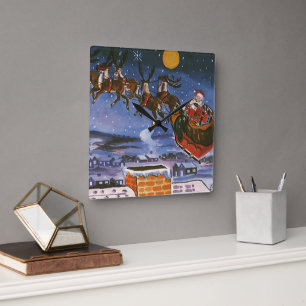 Horloge Carrée Père Noël de Noël vintage volant son traîneau