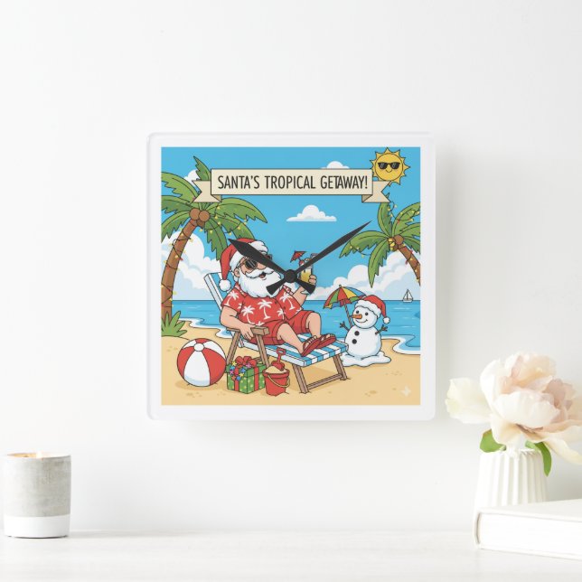 Horloge Carrée Père Noël et Snowman à la plage (Maison)