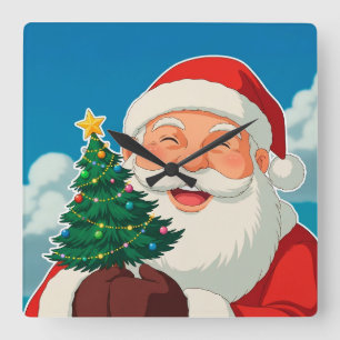 Horloge Carrée Père Noël joyeux tenant un petit sapin de Noël