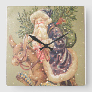 Horloge Carrée Père Noël montant l'âne