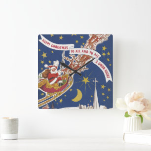 Horloge Carrée Père Noël Vintage Avec Renne Volant