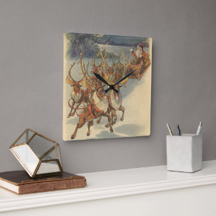 Horloge Carrée Père Noël vintage de Noël traîneau avec rennes