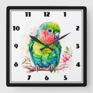 Horloge Carrée Perroquet vert - Bébé mignon oiseau
