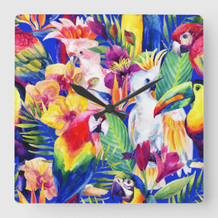 Horloge Carrée Perroquets d'aquarelle