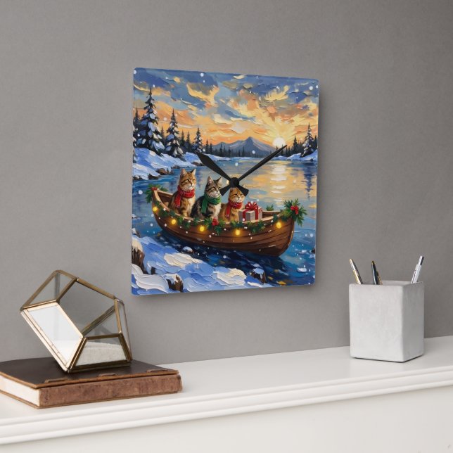 Horloge Carrée Persian Cat Christmas Boat Holiday (Bureau)