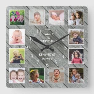Horloge Carrée Personalized 12 Photo Collage Farmhouse Gray Wood
