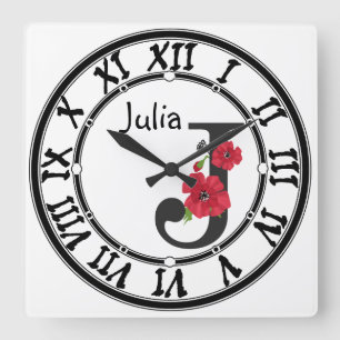Horloge Carrée Personalized monogram editable J text red flower