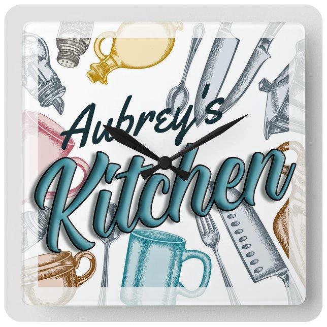 Horloge Carrée Personalized NAME Stylish Gourmet Kitchen Utensils (Créateur téléchargé)
