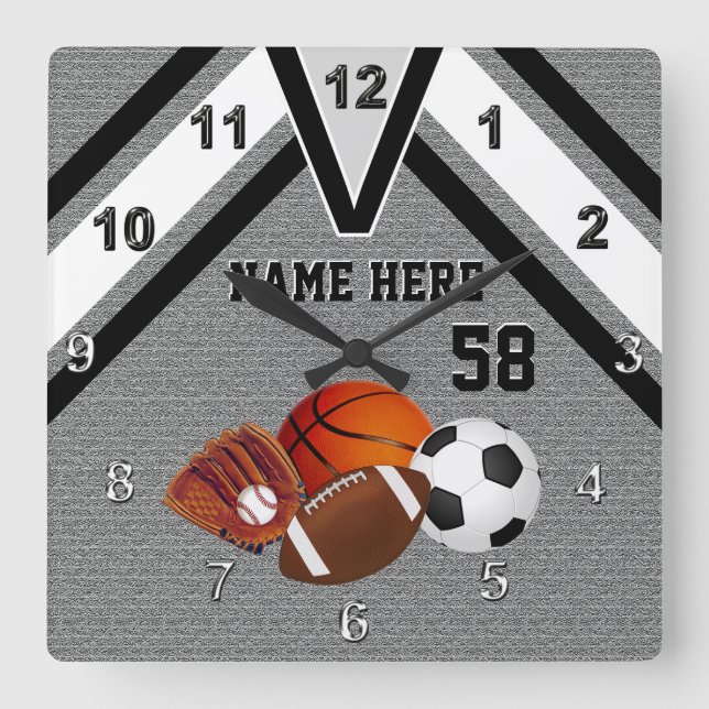 Horloge Carrée Personalized Sports Wall Clock, Your Name, numéro (Recto)