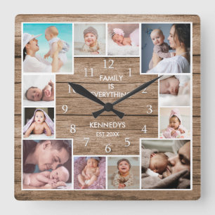 Horloge Carrée Personnalisé 12 Collage photo famille bois récupér