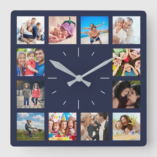 Horloge Carrée Personnalisé 12 Garde Famille Photo Collage Marine (Recto)