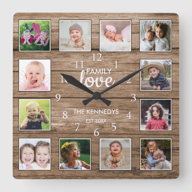 Horloge Carrée Personnalisé 12 Photo Collage Famille Amour Bois r (Recto)