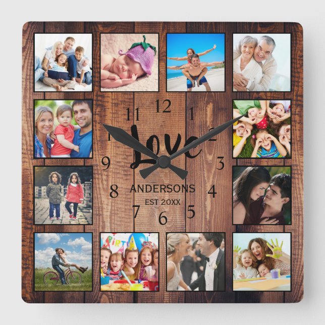 Horloge Carrée Personnalisé 12 Photo Collage Famille Amour Récupé (Recto)