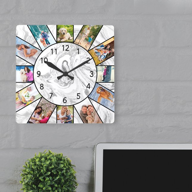 Horloge Carrée Personnalisé 12 Photo Collage Marbre blanc gris (Elegant sunburst of friends and family around the clock)