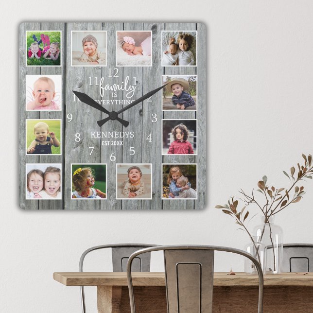 Horloge Carrée Personnalisé 12 Photo Collage Nom de famille Wood (Créateur téléchargé)