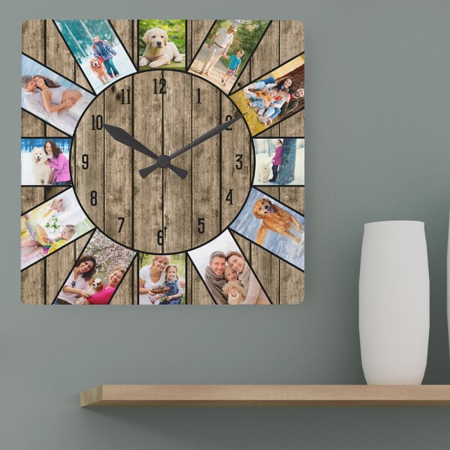 Horloge Carrée Personnalisé 12 Photo Collage Rustique Bois nature (Photo clock with 12 photos, one at each hour. Great design for your home or a thoughtful photo gift.)