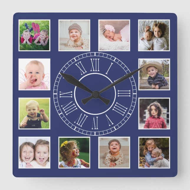 Horloge Carrée Personnalisé 12 Photo de famille Collage bleu chif (Recto)