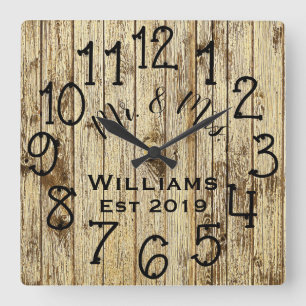 Horloge Carrée Personnalisé Bois Brun Rustique Sur Mesure