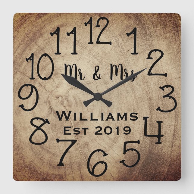 Horloge Carrée Personnalisé Bois Brun Rustique Sur Mesure (Recto)