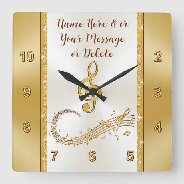 Horloge Carrée Personnalisé, Music Notes Horloge, Or et ivoire (Recto)