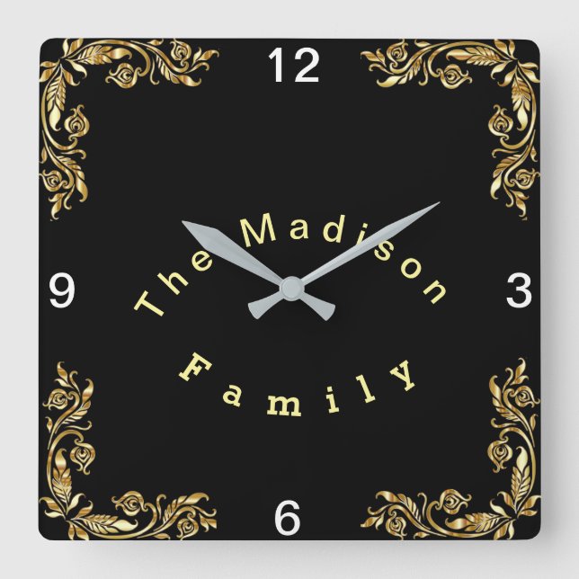 Horloge Carrée Personnaliser Black Arrière - plan Gold Frontière  (Recto)