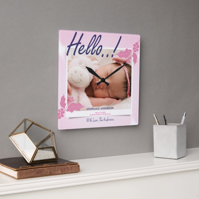 Horloge Carrée Personnaliser faire-part de naissance (Bureau)